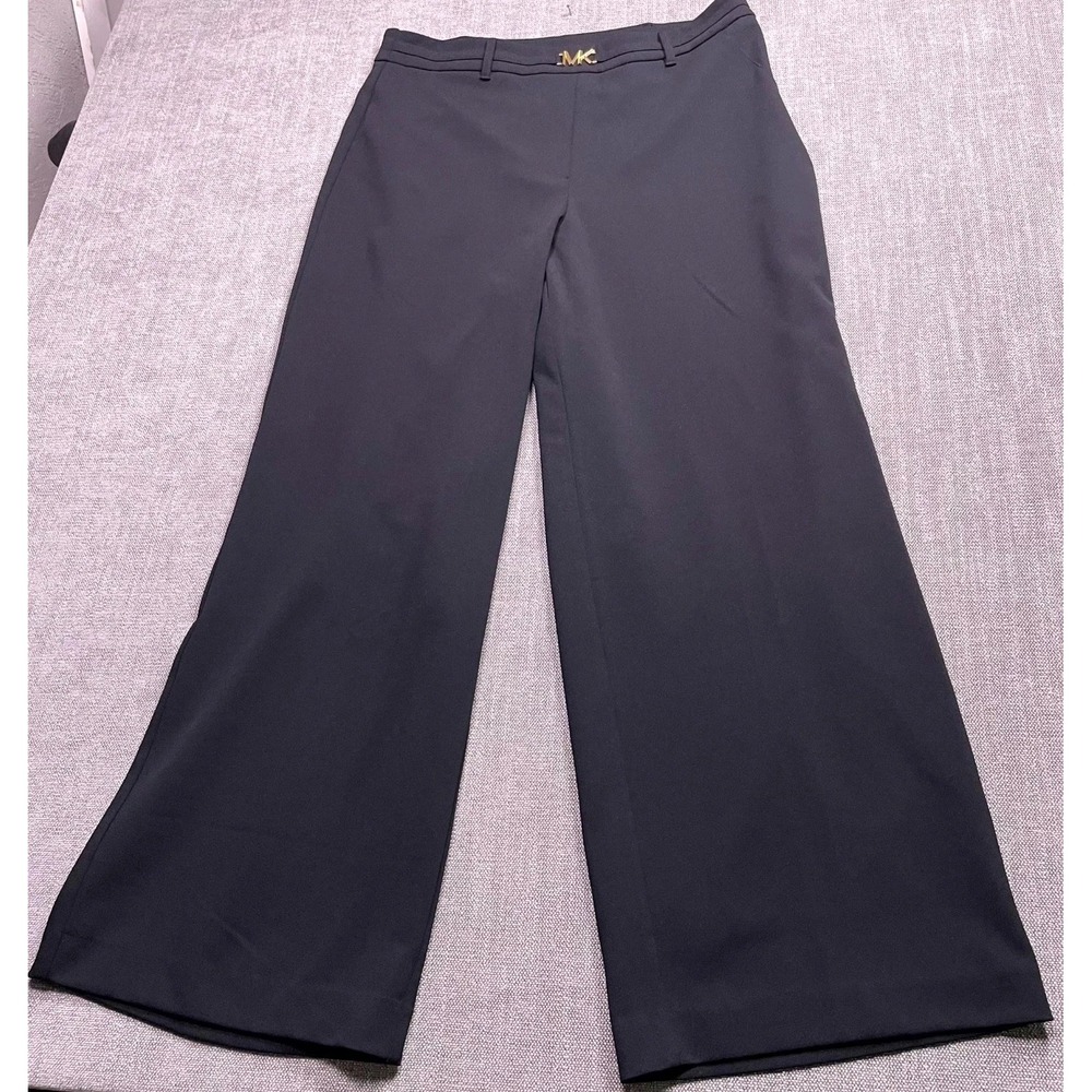 Michael Kors Wide Leg Pants Womens 12 Black Stretch Logo Elastic Waist Pull On